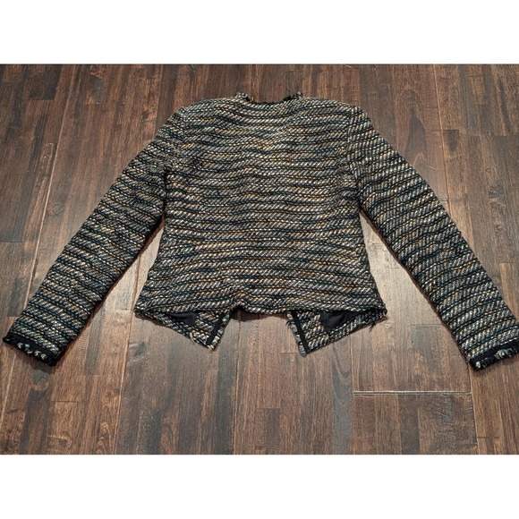 Ann Taylor LOFT Blazer Women 0 Dark Multi Tweed Boucle Open Front Fringe Lined - Picture 2 of 12